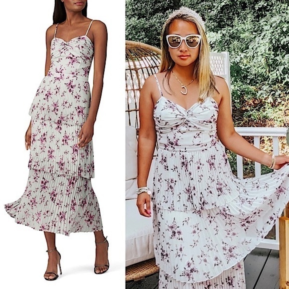 MONIQUE LHUILLIER Midi Dress Floral Tiered Ruffle Ruched Sleeveless Wedding Sz 0